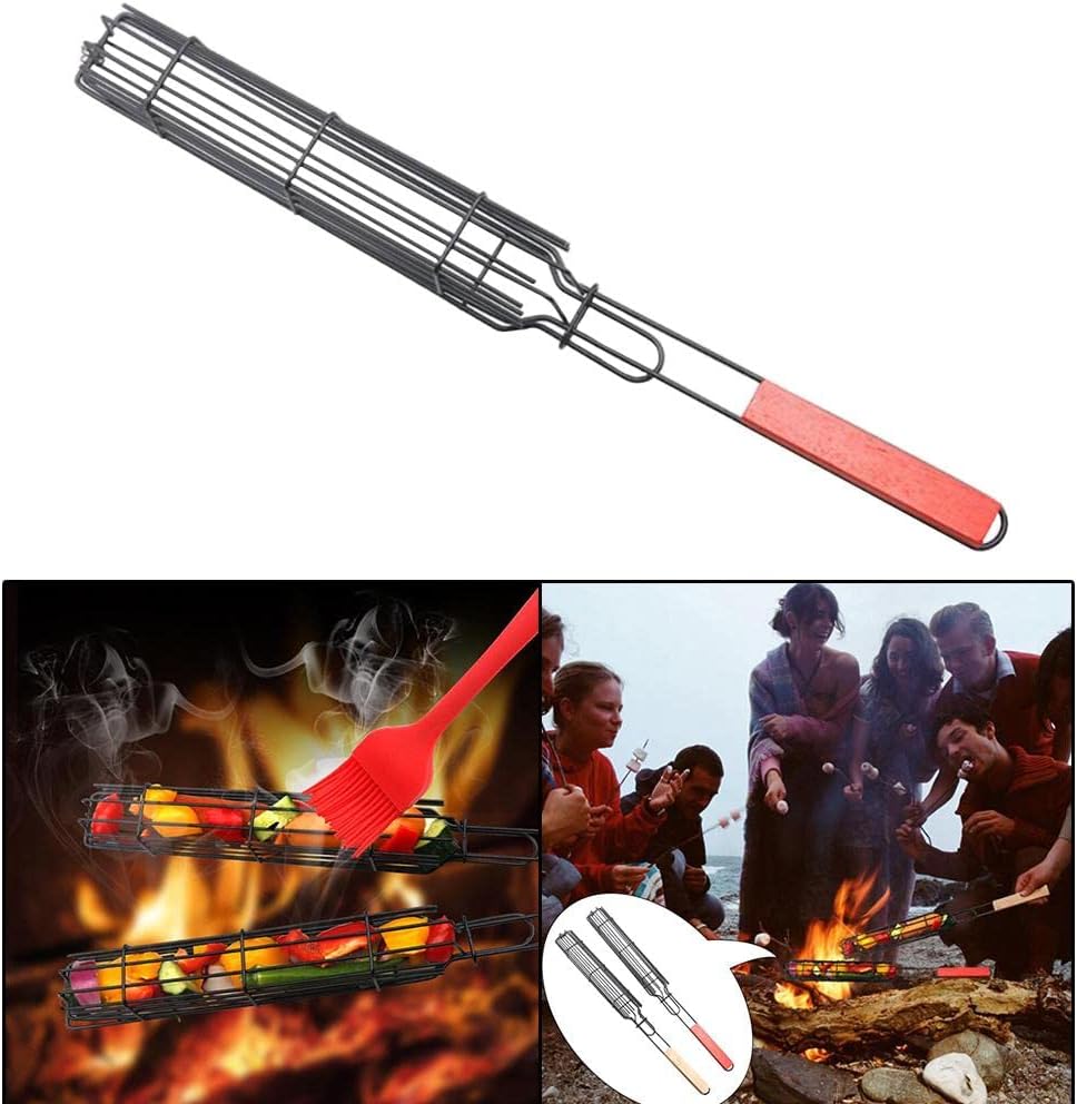 (30% DE DESCUENTO) Cesta de parrilla antiadherente portátil | Con mango largo de madera, herramienta de barbacoa para asar mariscos, verduras y aves.