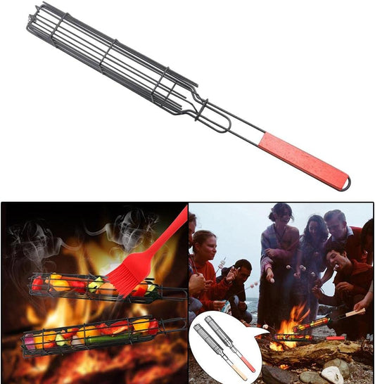 (30% DE DESCUENTO) Cesta de parrilla antiadherente portátil | Con mango largo de madera, herramienta de barbacoa para asar mariscos, verduras y aves.