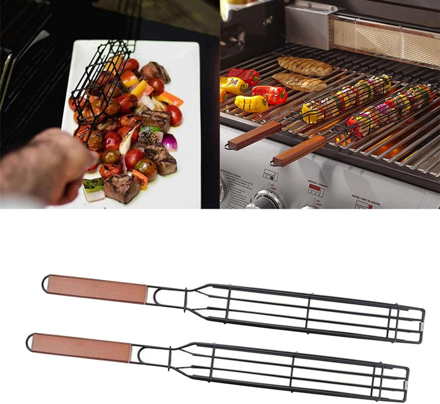 (30% DE DESCUENTO) Cesta de parrilla antiadherente portátil | Con mango largo de madera, herramienta de barbacoa para asar mariscos, verduras y aves.