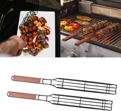 (30% DE DESCUENTO) Cesta de parrilla antiadherente portátil | Con mango largo de madera, herramienta de barbacoa para asar mariscos, verduras y aves.