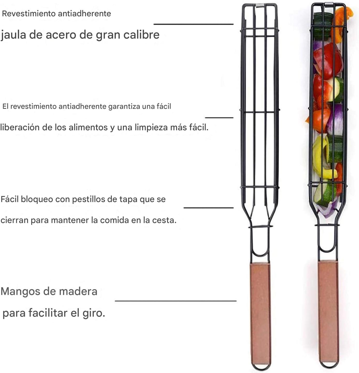 (30% DE DESCUENTO) Cesta de parrilla antiadherente portátil | Con mango largo de madera, herramienta de barbacoa para asar mariscos, verduras y aves.
