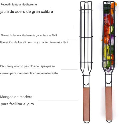 (30% DE DESCUENTO) Cesta de parrilla antiadherente portátil | Con mango largo de madera, herramienta de barbacoa para asar mariscos, verduras y aves.