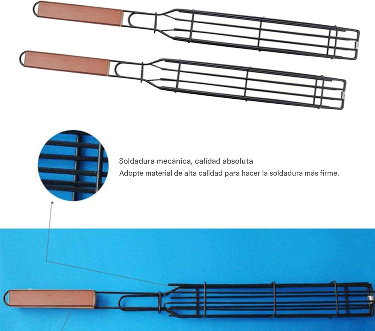 (30% DE DESCUENTO) Cesta de parrilla antiadherente portátil | Con mango largo de madera, herramienta de barbacoa para asar mariscos, verduras y aves.