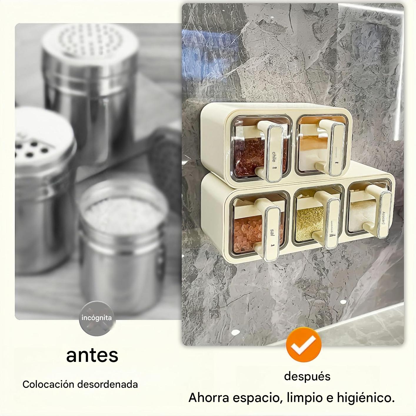 (30% DE DESCUENTO) Caja de especias con asa, caja de almacenamiento de especias para montar en la pared, juego combinado, tarro de especias con cuchara y papel para etiquetas