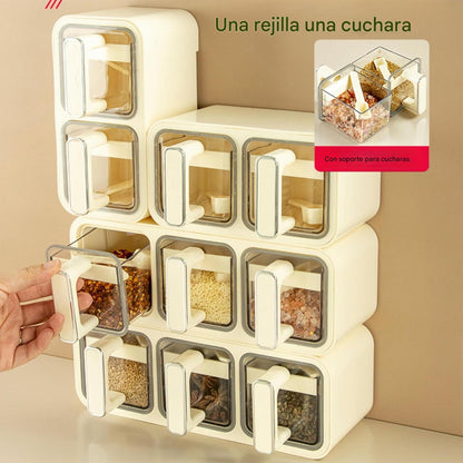 (30% DE DESCUENTO) Caja de especias con asa, caja de almacenamiento de especias para montar en la pared, juego combinado, tarro de especias con cuchara y papel para etiquetas